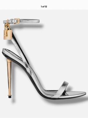 Metallic Silver High-Heel Ankle-Strap Sandal with Gold Sculpted Heel